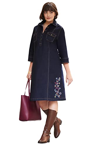 Woman Within Women's Plus Size Denim Dress - 20 W, Indigo Paisley Flowers Blue #TOP23