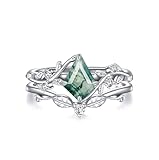 Luyona Natural Moss Agate Ring for Women 925 Sterling Silver Pear/Oval/Kite Cut Green Leaf Moss Agate Engagement Ring Promise Bridal Ring Set Anniversary Birthday Jewelry Gift-KMN7