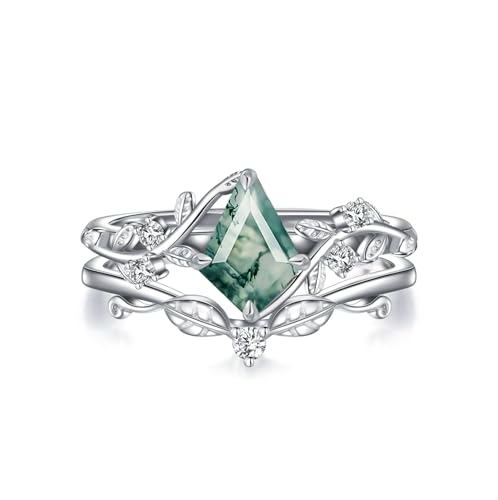 Luyona Natural Moss Agate Ring for Women 925 Sterling Silver Pear/Oval/Kite Cut Green Leaf Moss Agate Engagement Ring Promise Bridal Ring Set Anniversary Birthday Jewelry Gift-KMN7