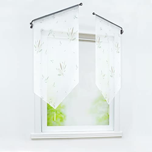 Joyswahl Brise Bise Transparent Passe Tringle avec Feuilles Verts Decor de Cuisine Chambre Tissu Souple 1 Pièce Blanc LxH 60x120cm