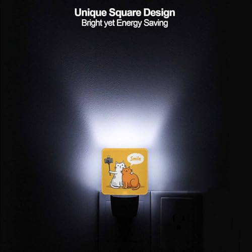 Image of LED Night Light,Two Cats Making Photo Use Selfie Stick LED Night Light Plug into Wall with Dusk to Dawn Light Sensor White Energy Efficient Nightlight for Bedroom Bathroom Hallway Living Room Kitchen