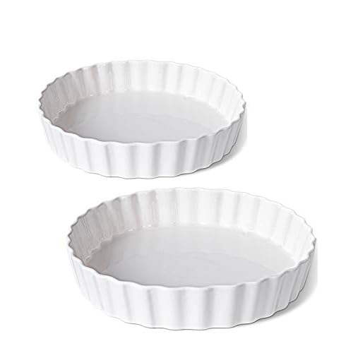 DELLING Set of 2 Tart Pans, 9.5 inch Quiche Pan, Ceramic Fluted Quiche Baking Dish/Pie Pan, Perfect for Baking Tart Pies and Chicken Pot Pie, Cheesecake, Creme Brulee, Round, White
