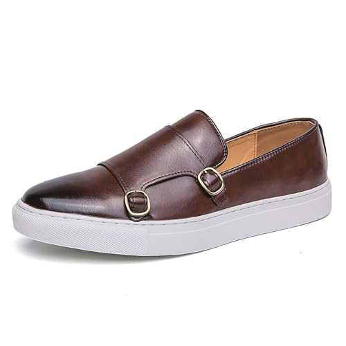 Men's Leather Double Buckle Platform Loafers Classic Round Toe Slip-On Non-Slip Business Dress Shoes for Formal Party Wedding Penny Loafers