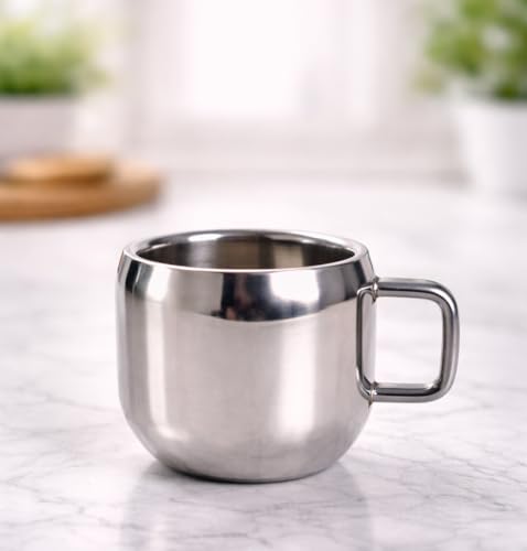 Image of Stainless Steel Tea Cups Set of 6 with Handle | Mirror Finish Chai Cups | 90ml Tea & Coffee Serving Cups Rust Resistant Double wall Apple Shaped (Silver)