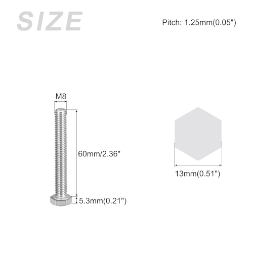 Image of METALLIXITY Hex Bolts (M8-1.25x60mm) 5Pcs, 304 Stainless Steel Coarse Fully Threaded Hex Head Screw Bolt Machine Screws - for Furniture Repair, Silver