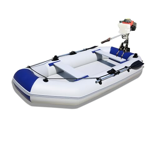 Motorized Inflatable Boat Raft Kayak with 4hp Outboard Motor, Heavy Duty Raft with Drop-Stitch Floor, Multiple Air Chambers, Aluminum Oars, Portable Rowing Boat for 1-3 Adults(Two Package)