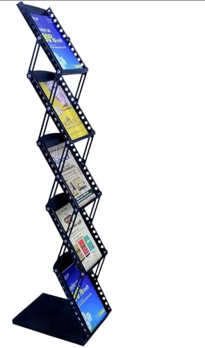 Image of A4 Metal Portable Brochure Folding Zigzag Catalogue /Magazine /Leaflet /Literature Stand Rack Magazine Holder (5 RACK BLACK), Free Standing, Folding