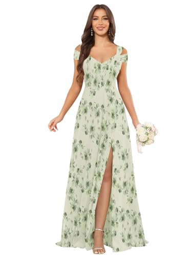 Image of petyoo Off Shoulder Chiffon Bridesmaid Dresses with Slit Long Formal Evening Dress