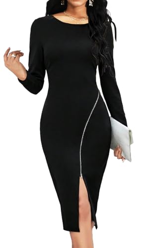 Yiershu Women Casual Half Zip Crewneck Decoration Long Sleeve Dress Pullover Midi Dress