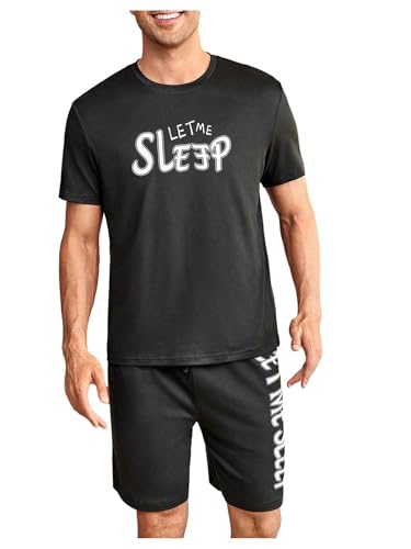 Image of Verdusa Men's Pajamas Set 2 Piece Pjs Sets Short Sleeve Letter Print Tee and Short Lounge Set