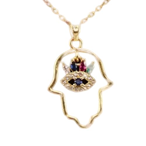 14K Filled Gold Hamsa Necklace For Women And Men, Zircon Hand Of Fatima Pendant Necklace Multicolor Hamsa Hand Necklace Turkish Chains, Mano De Fatima Con Ojo Turco (F - Hamsa Necklace)