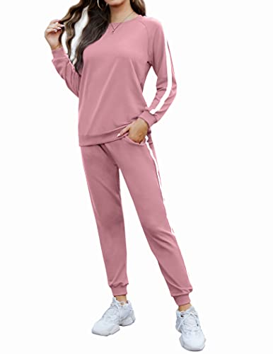 Hotouch Sweatpants Set Female Long Sleeve Hot Pink Cotton Sweatsuits Petite Tracksuit 2 Piece Jogging Suit Outfits Drawstring Matching Lounge Sets with Pockets S