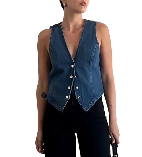 MAINESAKA Women's y2k Denim Vest V-Neck Open Front Crop Vest Jackets Vintage Sleeveless Button Down Jean Waistcoat
