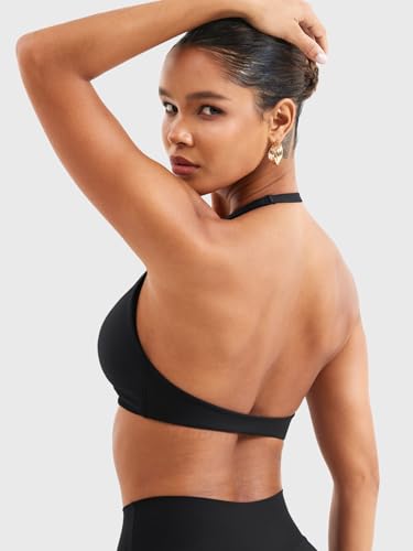 YEOREO Halter Sports Bras for Women Low Impact Removable Padded Adjustable Deep V Bra Seamless Workout Gym Crop Tops3