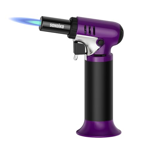 Sondiko Soplete de cocina Profi S907, soplete para flamear recargable con indicador de combustible, llama regulable, para crème brûlée y repostería, color morado y negro (butano no incluido)