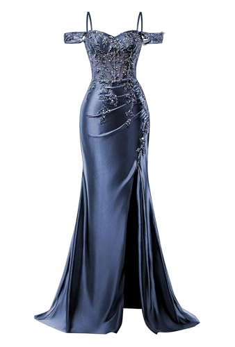 Image of Mermaid Satin Prom Dresses 2026 Lace Applique Off Shoulder Formal Evening Gown with Slit