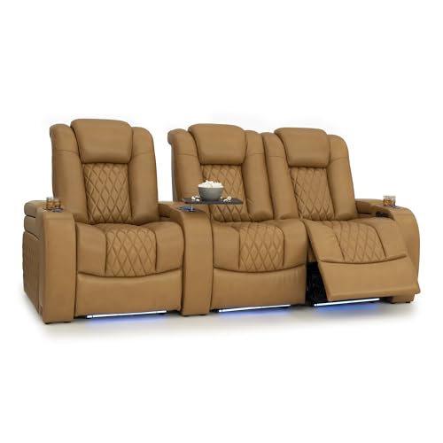 Image of Seatcraft Diamante Tan Oak Italian Leather Home Theater Seating, Zero Gravity Power Recliner Gaming and Home Office Chair Powered Headrest Lounge Sofa Furniture Cinema Room, Row of 3 Right Loveseats