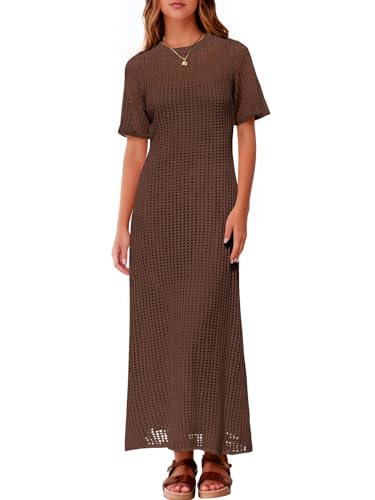 Fisoew Womens Swimsuit Cover Up Eyelet Dress Summer 2 Piece Hollow Out Maxi Dresses Vacation Beach Outfits