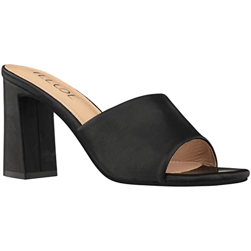 ILLUDE Women’s Block Heel Single Strap Square Toe Heeled Sandal Slip On Mule - Demi (6, Black PU)