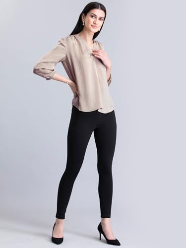 Image of FableStreet Women Formal & Casual Top | V-Neckline with Gathered Back Detail & Three-Quarter Sleeves | Premium Satin Fabric for Office Wear & Sophisticated Outings