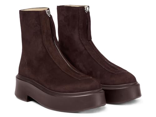 Coutgo Womens Front Zip Ankle Boots Comfortable Platform Flat Chunky Heel Booties Round Toe Casual Winter Snow Boots, Chocolate, Size 8.5