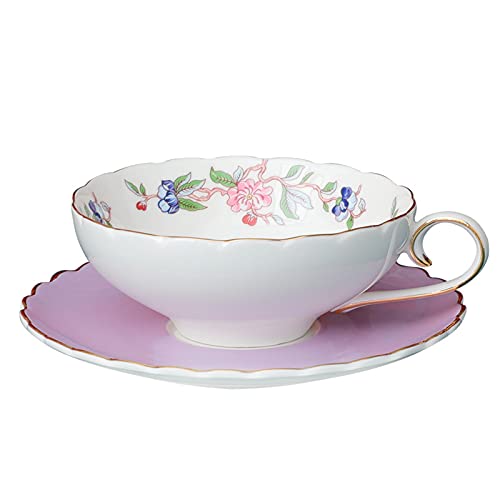 fanquare Tazza e Piattino in Porcellana, Tazza da caffè in Fiore di Loto Rosa e Uccello, Tazza da tè con Finiture in Oro, Viola