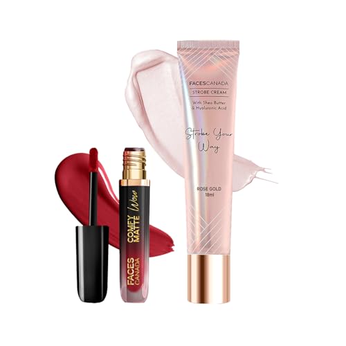 Image of FACES CANADA Comfy Matte Wow Liquid Lipstick - Maroon Maven 05 (3.8ml) & Rose Gold Strobe Cream (18ml) Combo| Highly Pigmented | Flawless Radiant Dewy Skin | Illuminating & Glowing Makeup Base