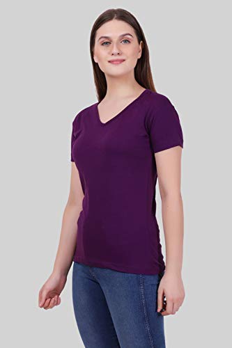 Image of FLEXIMAA Women's Cotton Plain V Neck Half Sleeve T-Shirt