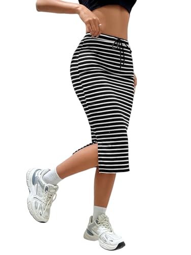 EARKOHA 2025 Skirts for Women High Stretch & Cool-Fabric Solid Split Side Drawstring Waist Skirt Black and White M