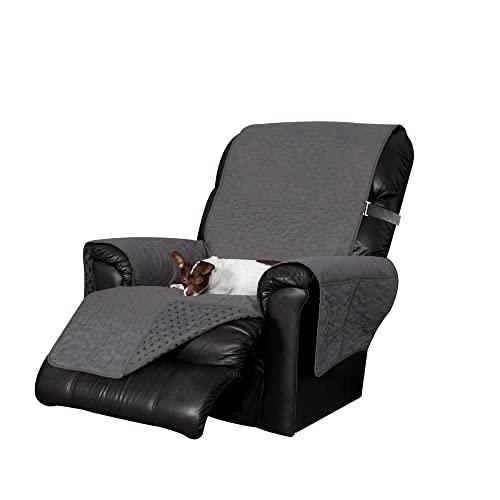 Image of Furhaven Waterproof & Non-Slip Recliner Chair Cover Protector w / Side Pockets for Dogs, Cats, & Children - Quilted Paw Print Living Room Furniture Cover - Gray, Recliner