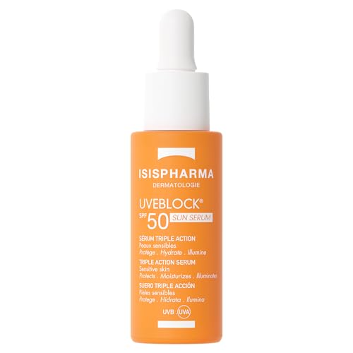 Isispharma Uveblock Sun Serum SPF50 - Hydrate 8h, Protège et Illumine - Effet Glow - Haute Protection Solaire - Texture Fluide et Non Grasse - Conçu et Fabriqué en France
