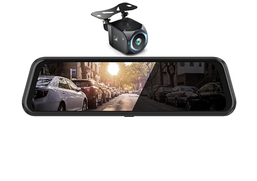 Upgraded 10'' Rear View Mirror Camera Mirror Dash Cam Front and Rear 1080P Backup Camera Night Vision Full Touch Screen w Loop Recording 170° Wide Angle