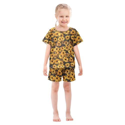 ALAZA Yellow Flower on Black Pajamas Set Short Sleeve Cotton Sleepwear Summer Pjs 2 Piece 5-14Y3