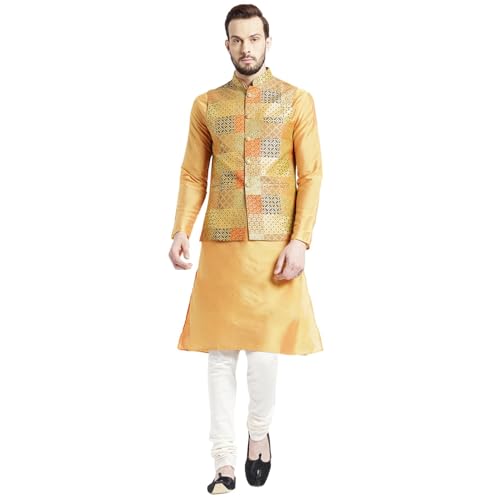 Image of KISAH Men Printed Kurta Jacket Set, Full Sleaves, Knee Length, Straight, Regular Fit, Mandarin Collar Ethnic Wear