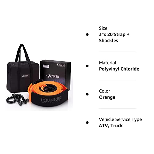 Bunker Indust Tow Strap Recovery Kit,3" X 20Ft 30,000 Lbs Heavy Duty Snatch Strap+Pair 3/4 D Ring Shackles + Bag,4Wd Off Road Accessories Winch Tree Saver Strap For Jeep Atv Utv Suv Truck(Orange) #TOP7