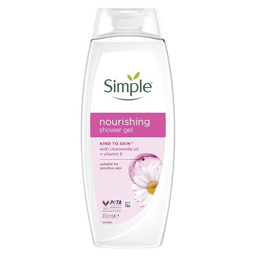 Simple Kind to Skin Nourishing Shower Gel Body Wash shower cream with vitamins and natural geranium oil for gentle skin care 6x 450 ml