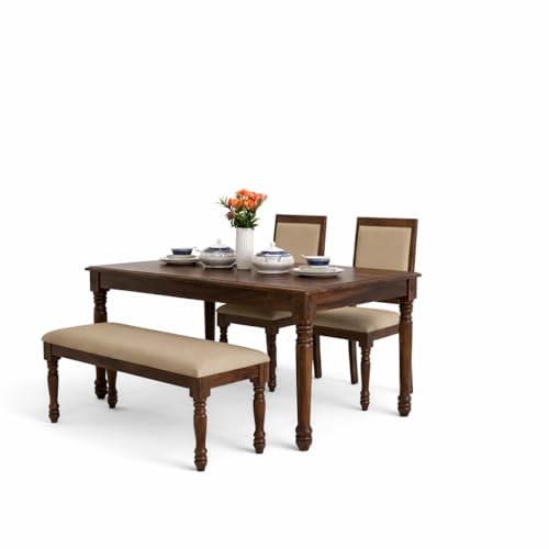 Image of Solid Sheesham Wood Dining Table Set, 4 Seater, with 2 Chairs and 1 Bench, Honey Finish, for Dining Room and Hotel