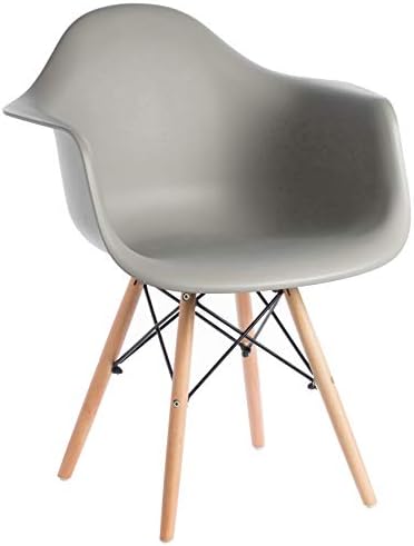 Fabulaxe Bold Tones Mid-Century Modern Style Plastic DAW Shell Dining Arm Chair with Wooden Dowel Eiffel Legs, Gray, 1