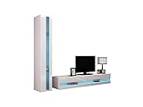 Grifflose Türen Wohnwand Vigo New VIII, Design Mediawand, Modernes Wohnzimmer Set, Anbauwand, Hängeschrank TV Lowboard, Vitrine (mit weißer LED Beleuchtung, Weiß/Weiß Hochglanz)