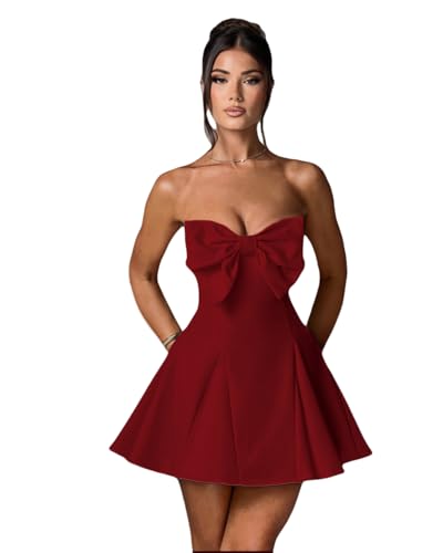Image of JUMISEE Women's Elegant Bow Strapless Homecoming Dress A Line Swing Tube Mini Dress Short Evening Party Prom Dress