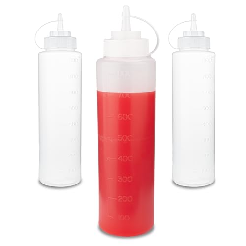HuiJinXin 3 Pcs Squeeze Bottles with Caps, 800ml/28oz Plastic Sauce Bottles, Squeezy Condiment Sauce Bottle with Measurements, Reusable Squeeze Dispensers for Ketchup Syrup BBQ Mustard Salad Dressing