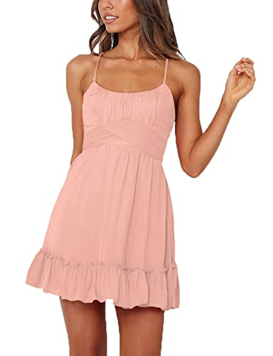 Lyaner Women's Spaghetti Strap Scoop Neck Sleeveless Ruched Flared A Line Mini Dress Light Pink Small #TOP2