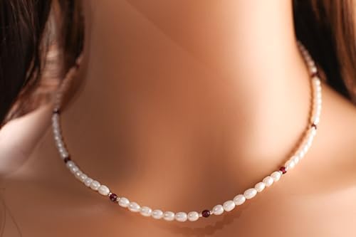 Freshwater Pearl with Genuine Garnet, 925 Sterling Silver spacer and Clasp Necklace, Choker, Layering, Minimalist Holiday Gift - Image 5