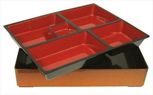 JapanBargain 1592, Red and Gold Japanese Traditional Plastic Lacquered Lunch Bento Box 5 Compartments for Restaurant or Home Tray and Plate 2pc Set Made in Japan, 11.75"x9.5" - Image 3