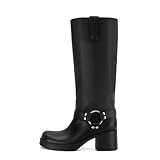 XBKXMK Women's Knee High Riding Boots Round Toe Block Heel Fashion Motorcycle Booties Side Zipper Wide Calf Biker Riding Boots with Studs Black