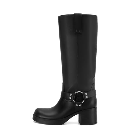 Image of Women's Knee High Riding Boots Chunky Heel Wide Calf Motorcycle Boots with Side Zipper
