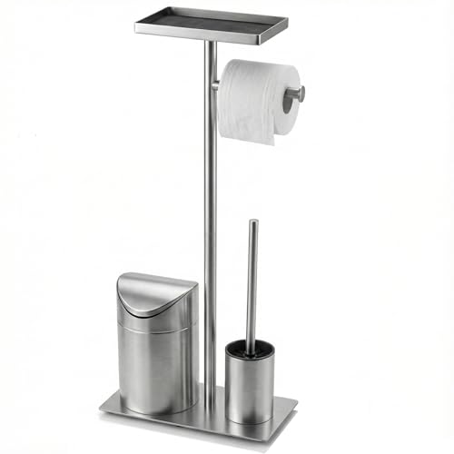 NIDDAPP Portarrollos Papel Higiénico de Pie y Escobillero   Set 4 en 1 con Papelera de Baño y Escobilla WC Incluidos   Soporte con Base Pesada Antivuelco (3kg), Acero Inoxidable y Sin Taladro