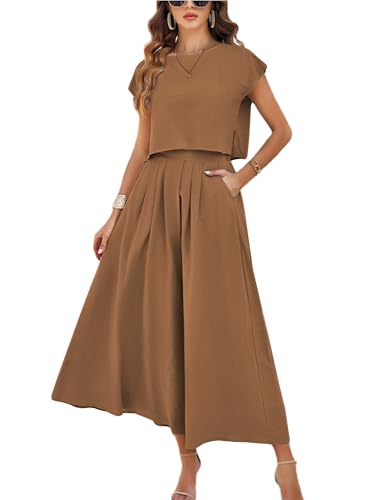 Image of HangNiFang Summer Skirt Sets Women 2 Piece Outfits Cap Sleeve Top Elastic Waist Maxi Dress Sets with Pockets