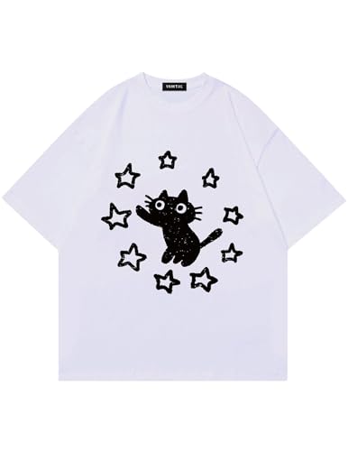 Vamtac Graphic Tees Unisex Loose Star Cat Print Tee Casual Summer Y2k Shirt Cute Short Sleeve Cotton Top