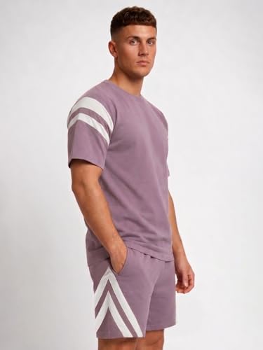 Image of CHKOKKO Men's Co-Ord Set Premium Cotton Blend Oversized T-Shirt & Shorts Cord Set with Side Pockets Round Neck Half Sleeves Solid with Contrasting Stripes Summer or Casual Wear